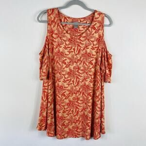 Chico's Top Large 2 12 Orange Tropical Floral Cold Shoulder Short Sleeve